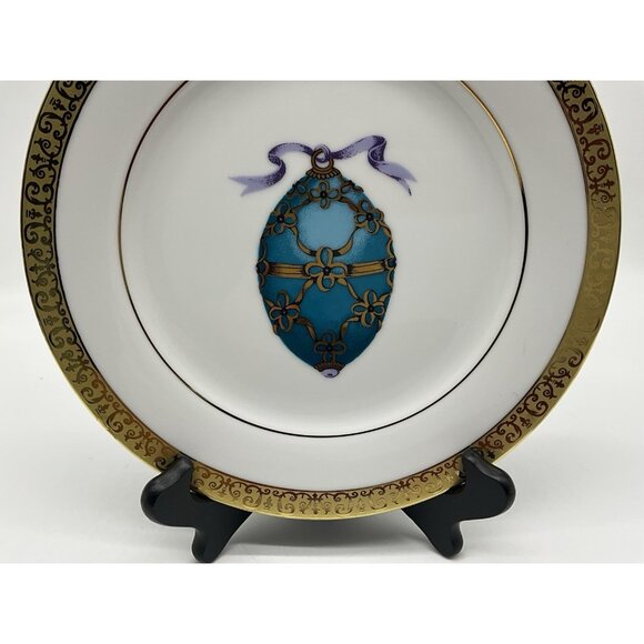 Gold Buffet Royal Gallery Teal Blue Faberge Egg Dessert Plate and Coffee Cup VTG - Picture 9 of 16